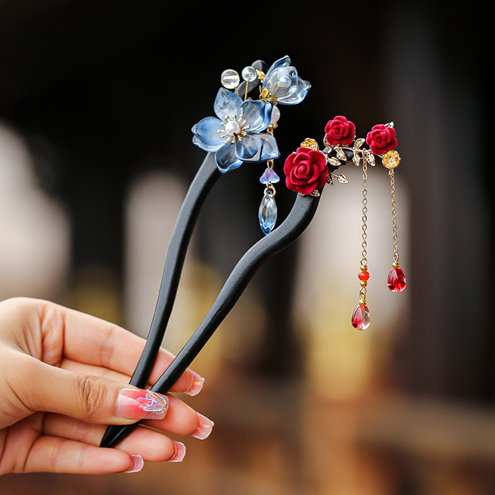 Women Accessories Shop - Chinesischer Stil Blumen-Quasten-Haarnadel Vintage Holz-Blumen-Perlen-Haarstab Exquisite