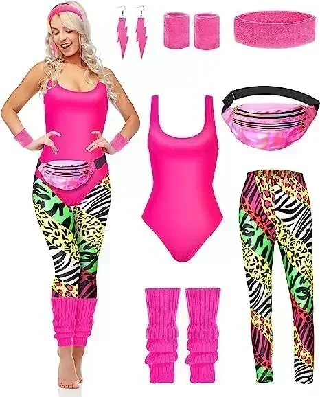 Women'S Accessories In The 90S - 7-teiliges 80er-Jahre-Fitness-Kostüm-Set, 90er-Jahre-Trikot, Leggings, Stirnband, Armbänder,