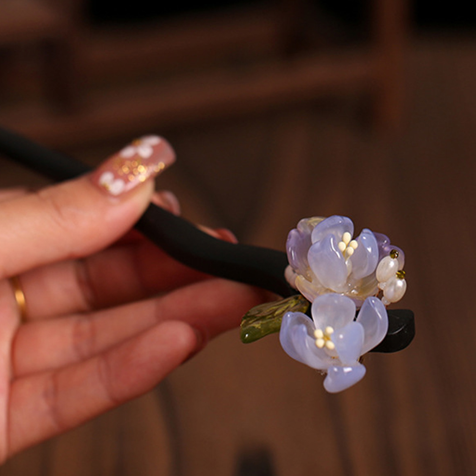 Women Accessories Shop - Vintage Holzblumen-Haarnadel für Damen, elegante Glasblumen-Haarstecknadel,